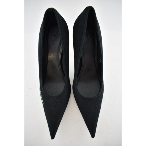 Balenciaga Knife Recycled Knit Black White Logo Pointed Toe Mule Heel Pump 37.5 - Picture 7 of 12